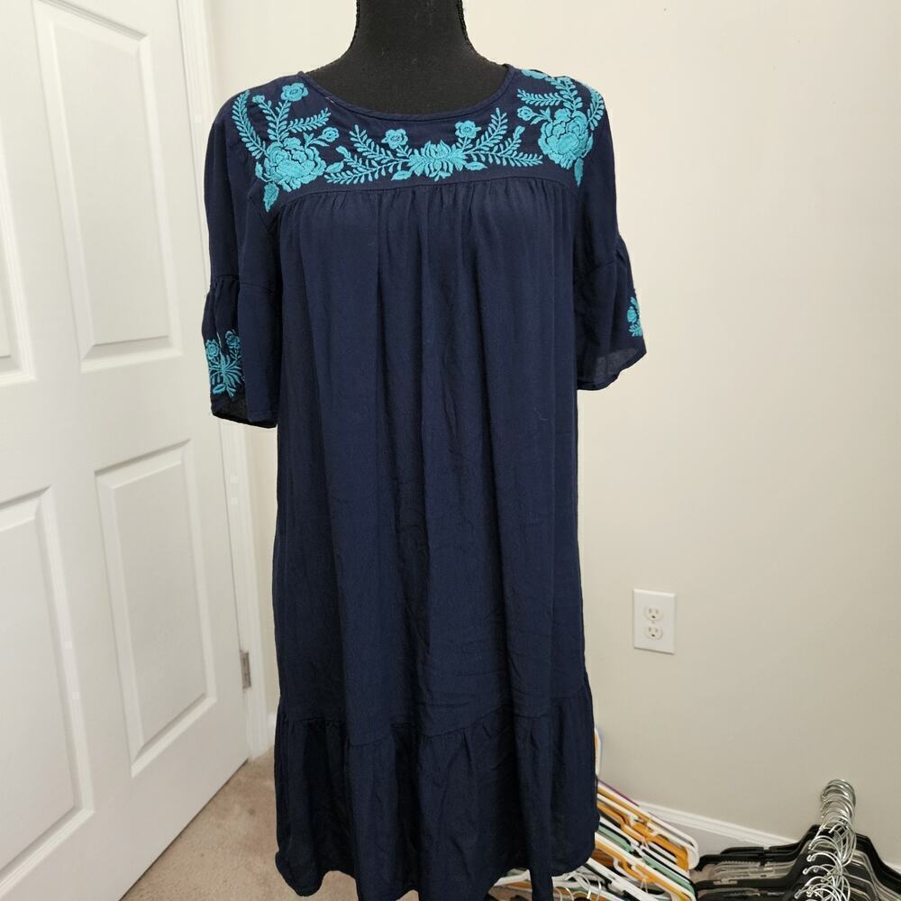 Ann Taylor LOFT Navy Dress Aqua/Turquoise Embroidered Flowers Ruffled Hem PM